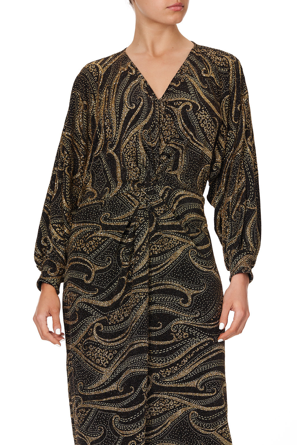 JERSEY TWIST FRONT SPLIT DRESS LUXE BLACK