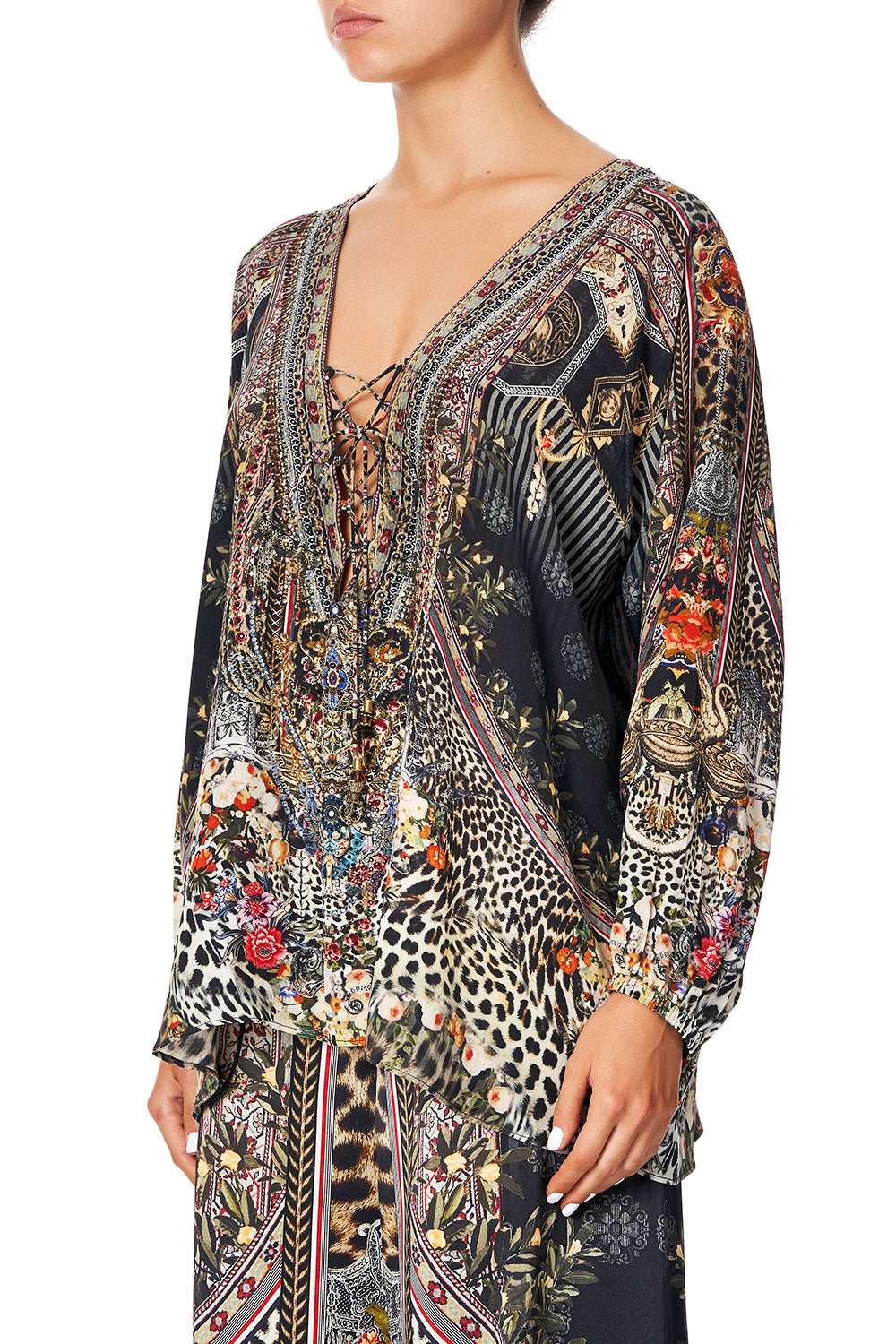 CAMILLA LACE UP BLOUSE MARAIS AT MIDNIGHT