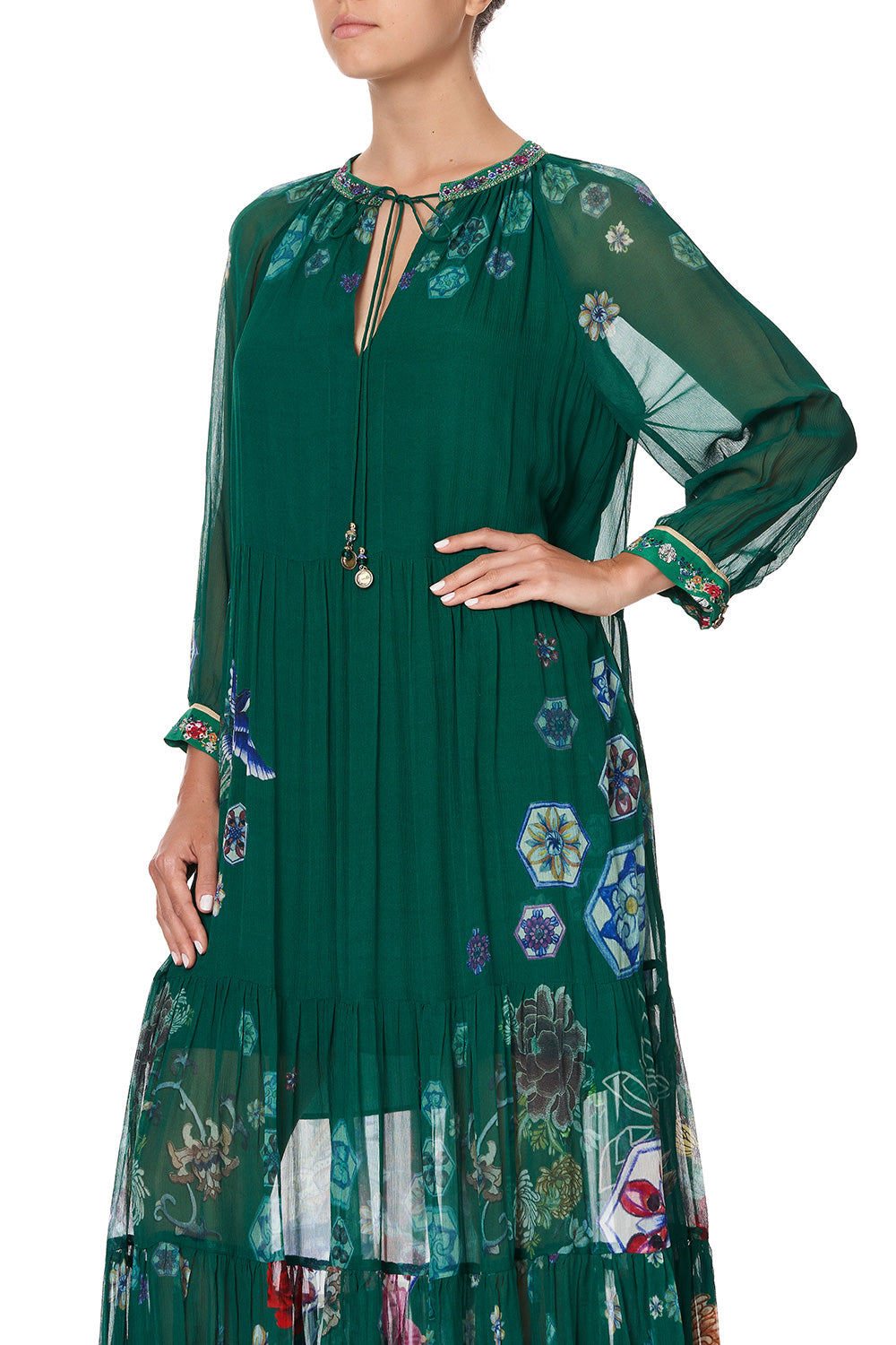 LONG GATHERED PANEL DRESS EMERALD'S ORBIT