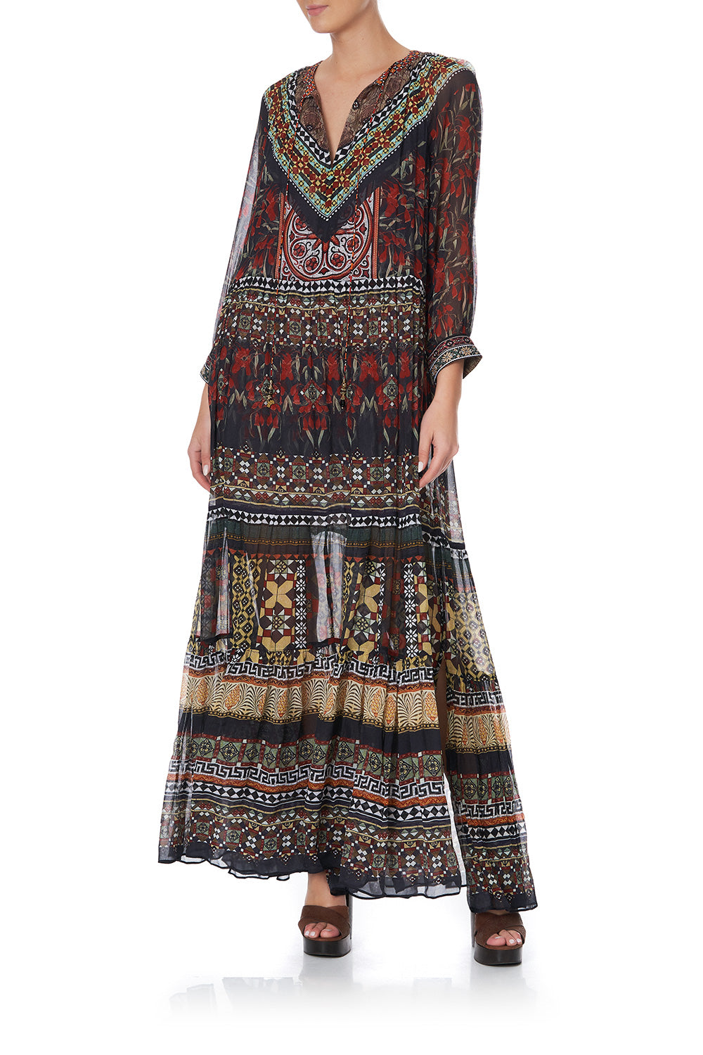 LONG GATHERED PANEL DRESS PAVED IN PAISLEY