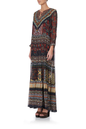 LONG GATHERED PANEL DRESS PAVED IN PAISLEY