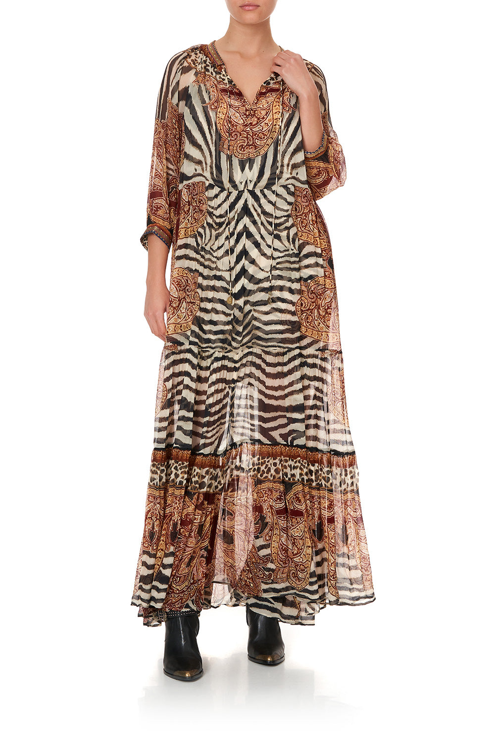 LONG GATHERED PANEL DRESS WILD FIRE