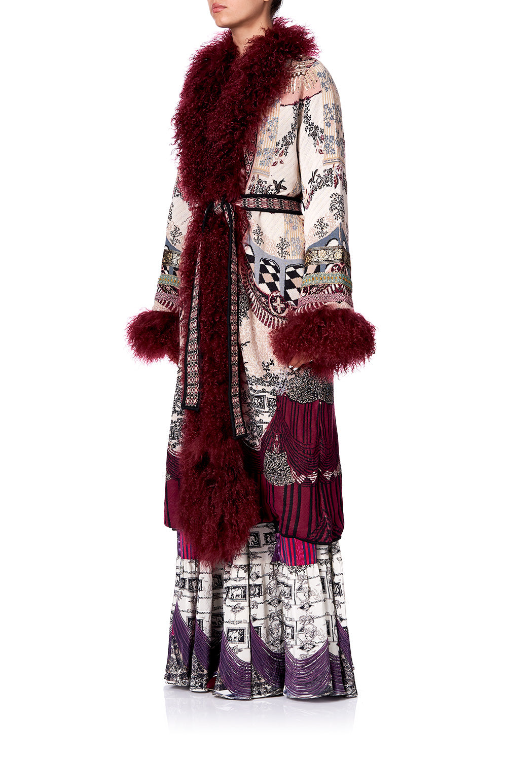 LONG KNIT JACQUARD COAT WITH FUR VIOLET CITY