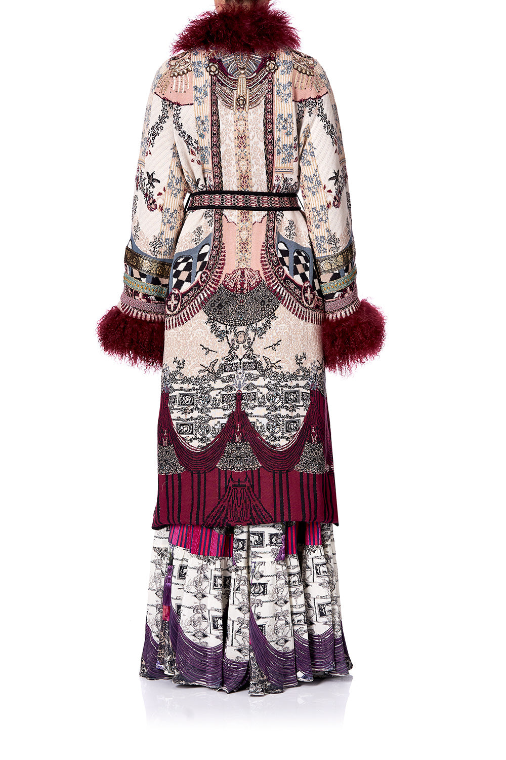 LONG KNIT JACQUARD COAT WITH FUR VIOLET CITY