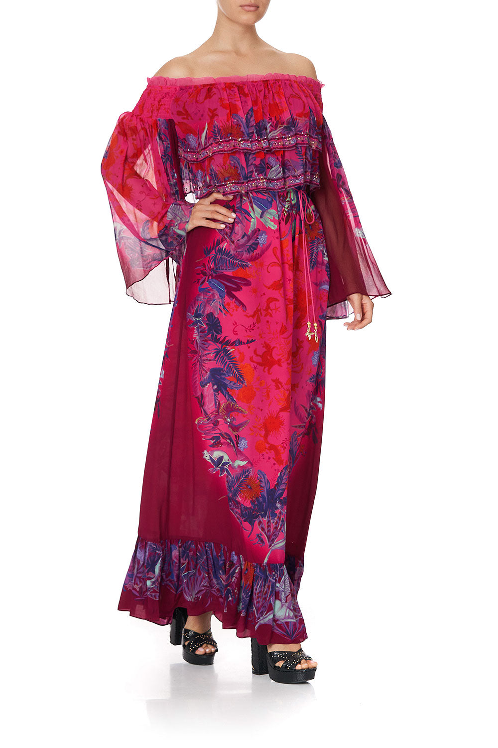 LONG TIERED RUFFLE DRESS TROPIC OF NEON