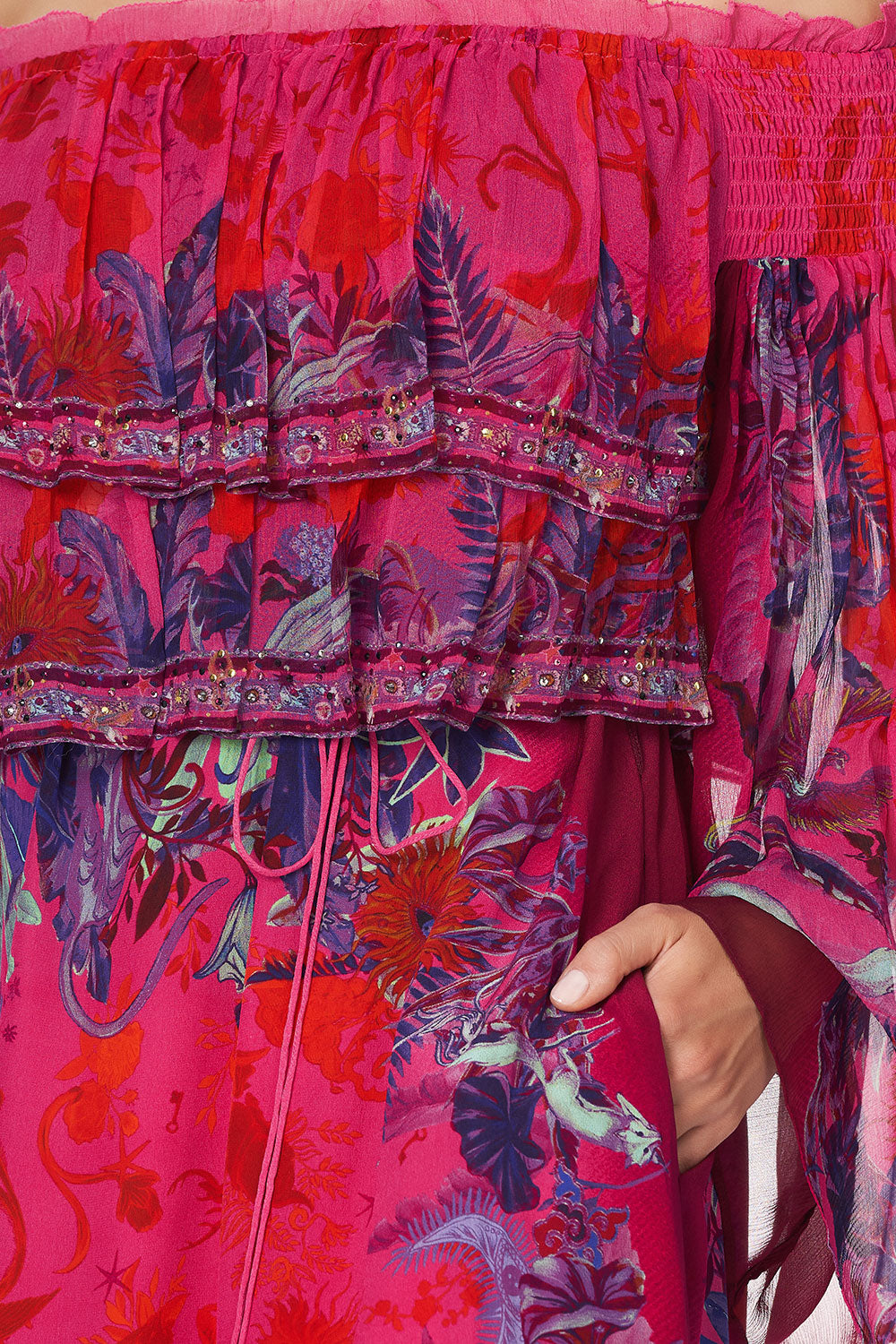 LONG TIERED RUFFLE DRESS TROPIC OF NEON