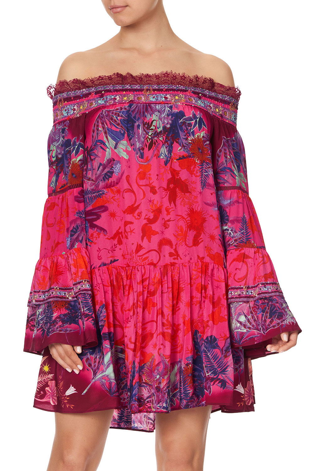 OFF SHOULDER DRESS WITH SMOCKING TROPIC OF NEON