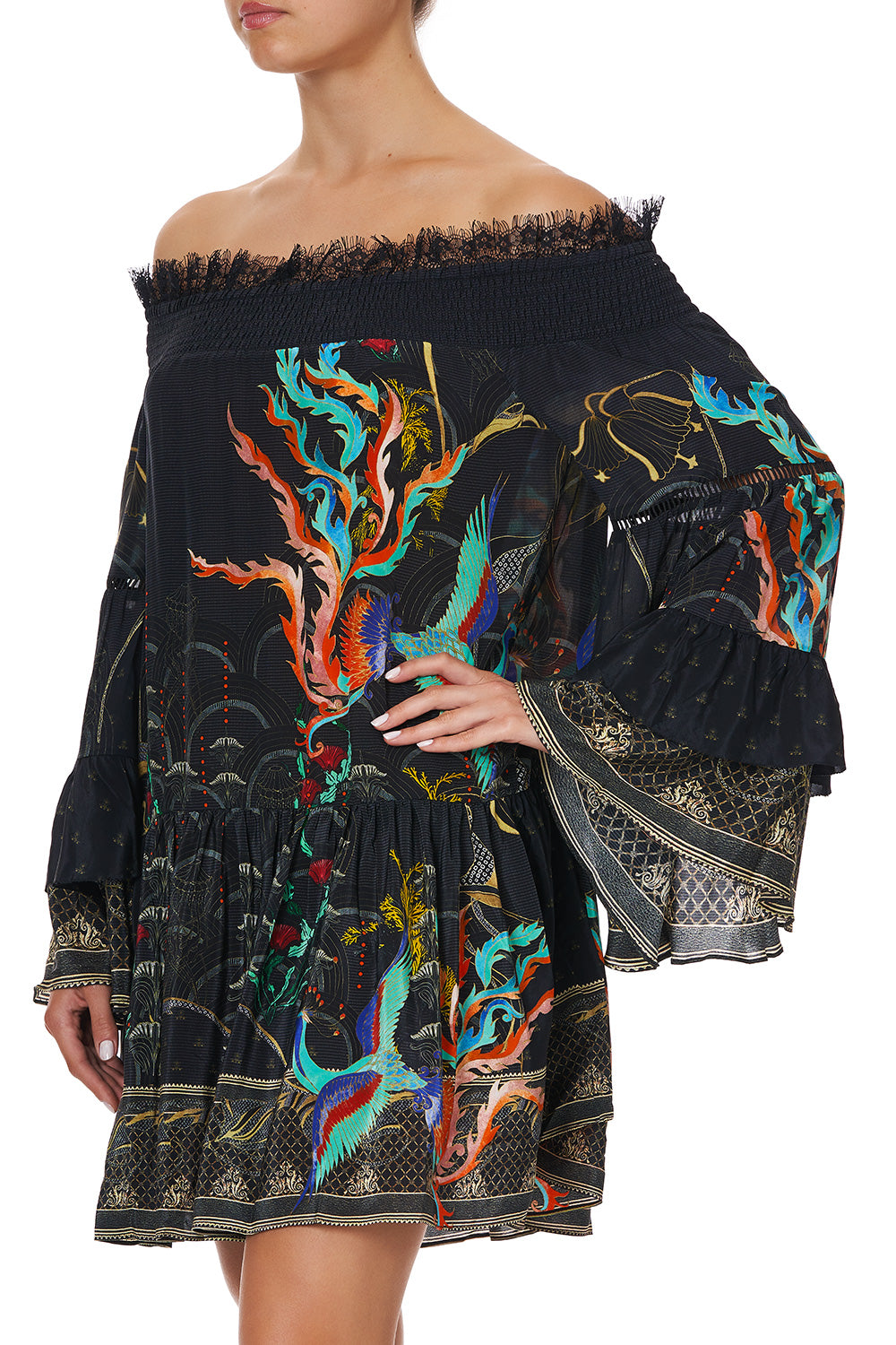 OFF SHOULDER DRESS WITH SMOCKING WISE WINGS