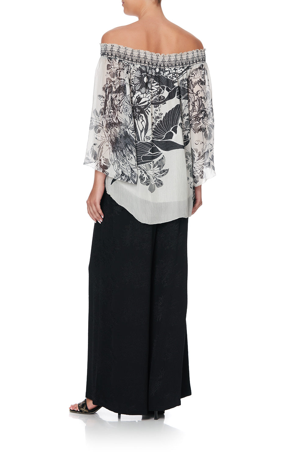 OFF SHOULDER SHIRRED BLOUSE SILVER LININGS