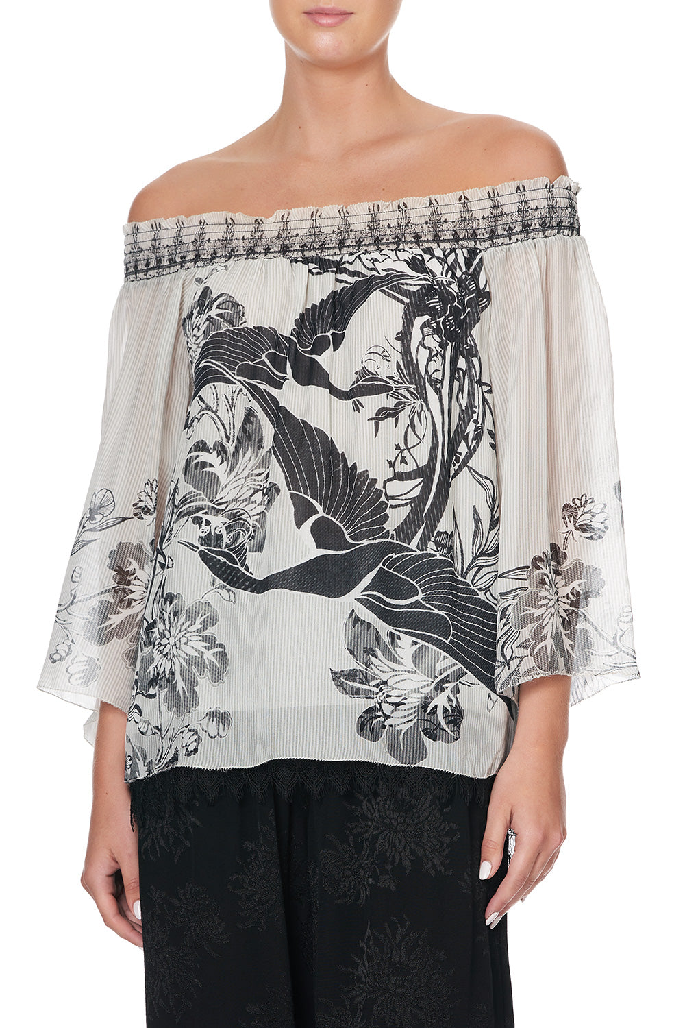 OFF SHOULDER SHIRRED BLOUSE SILVER LININGS