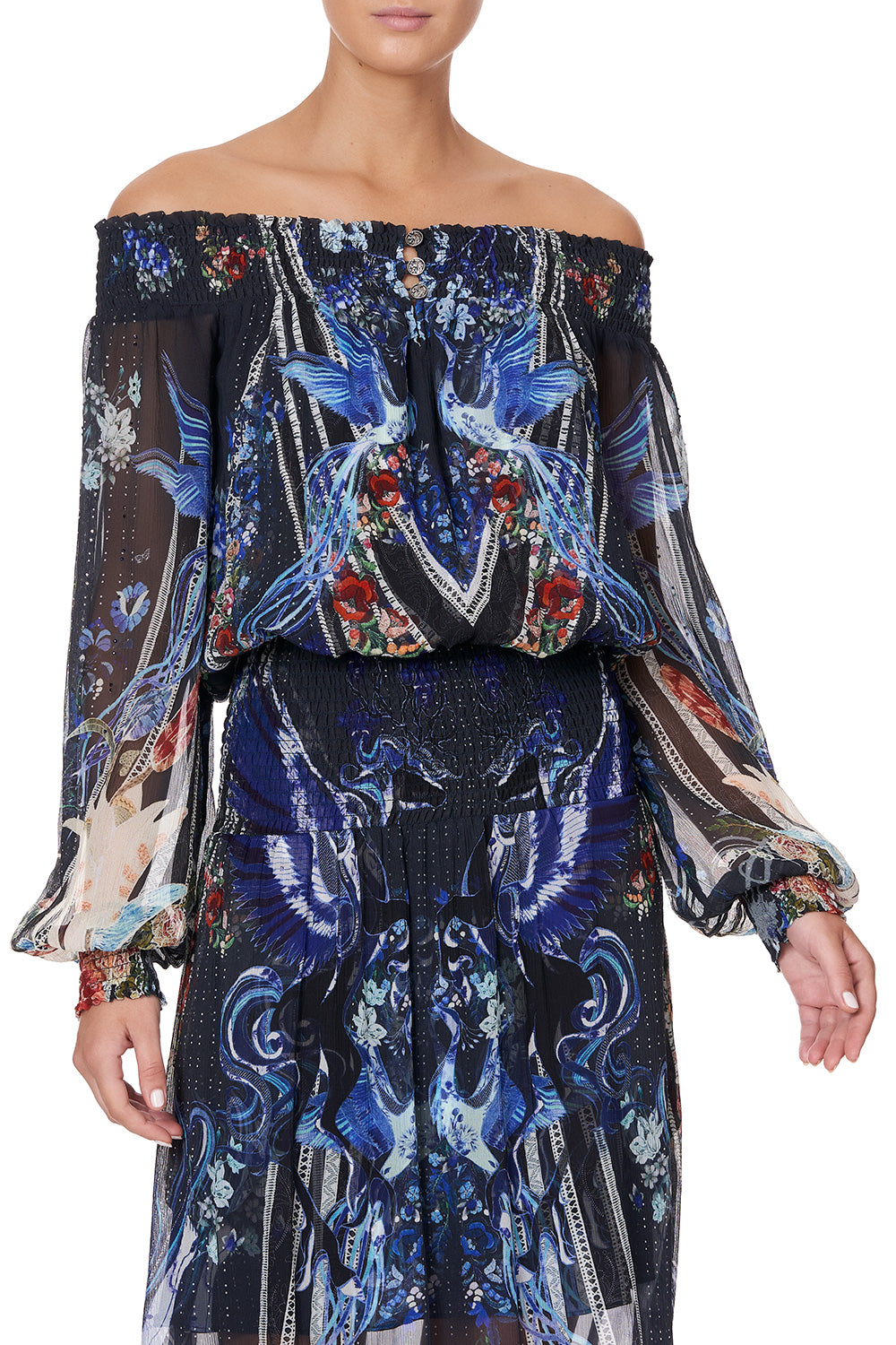 OFF SHOULDER SHIRRED DRESS MARE MYSTIQUE