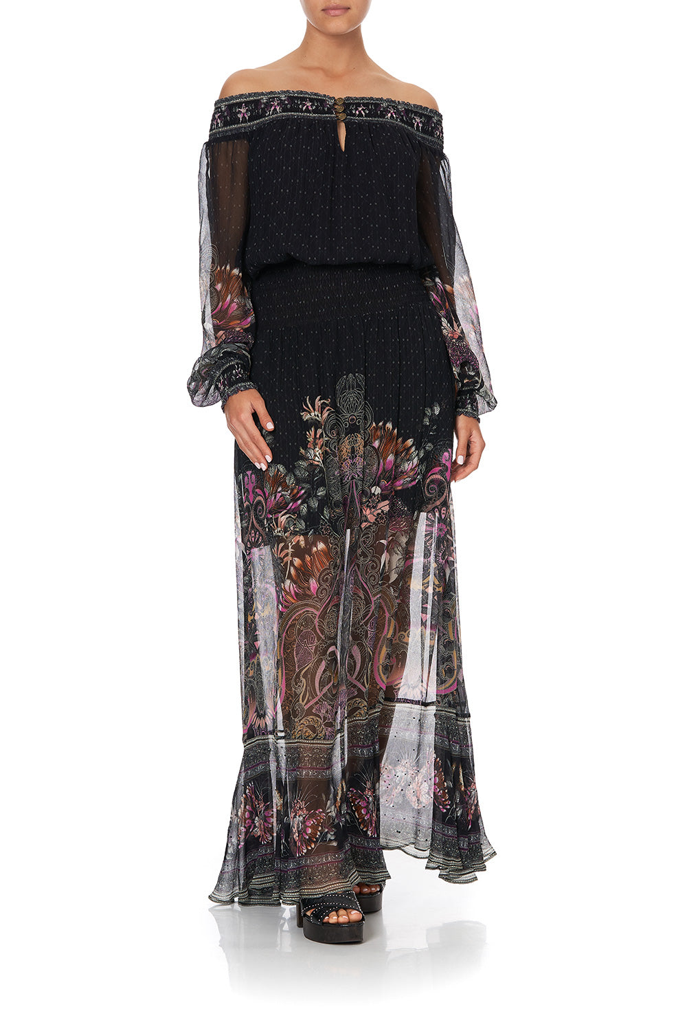 OFF SHOULDER SHIRRED DRESS RESTLESS NIGHTS