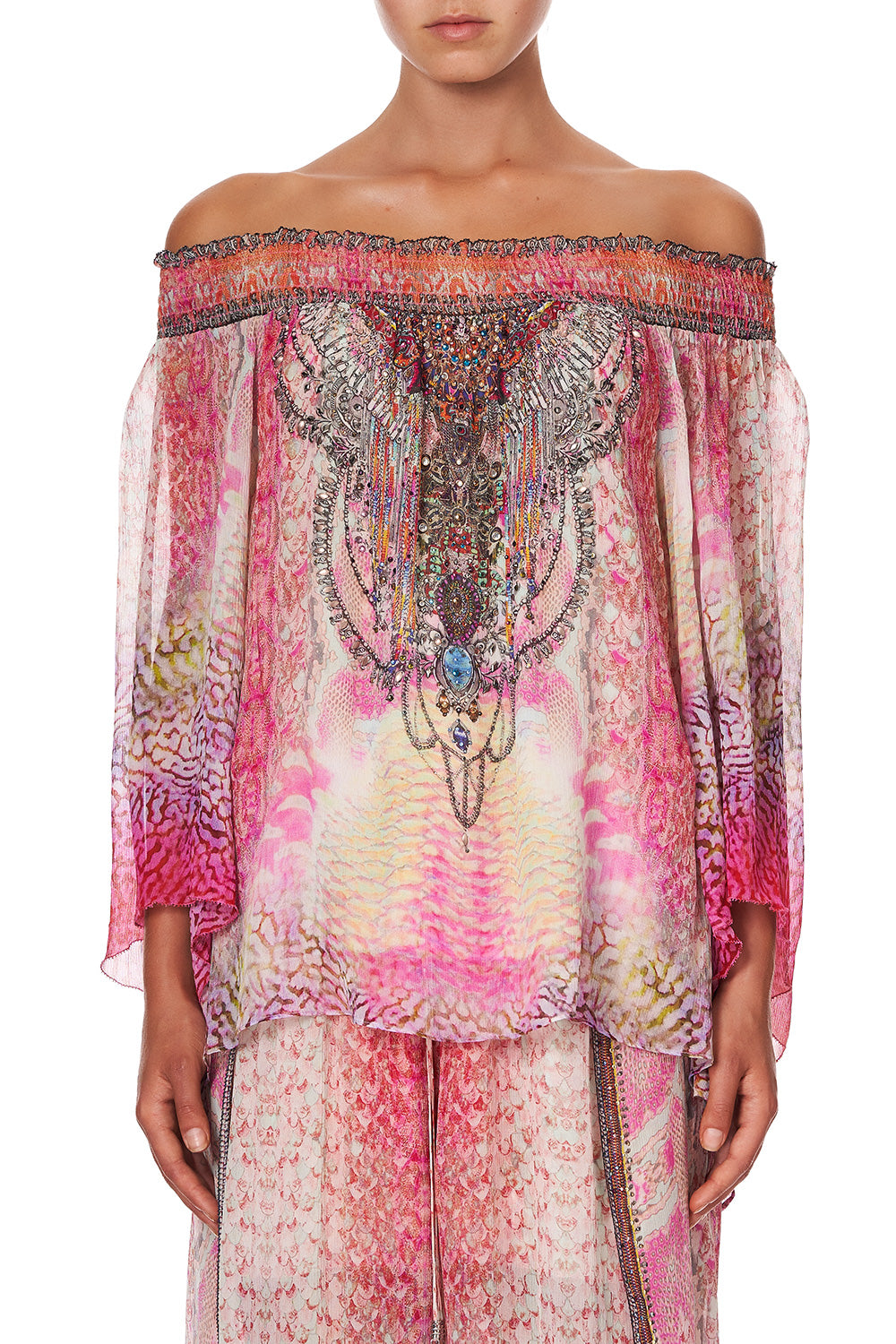 OFF SHOULDER SHIRRED BLOUSE SERPENTINE DREAMS