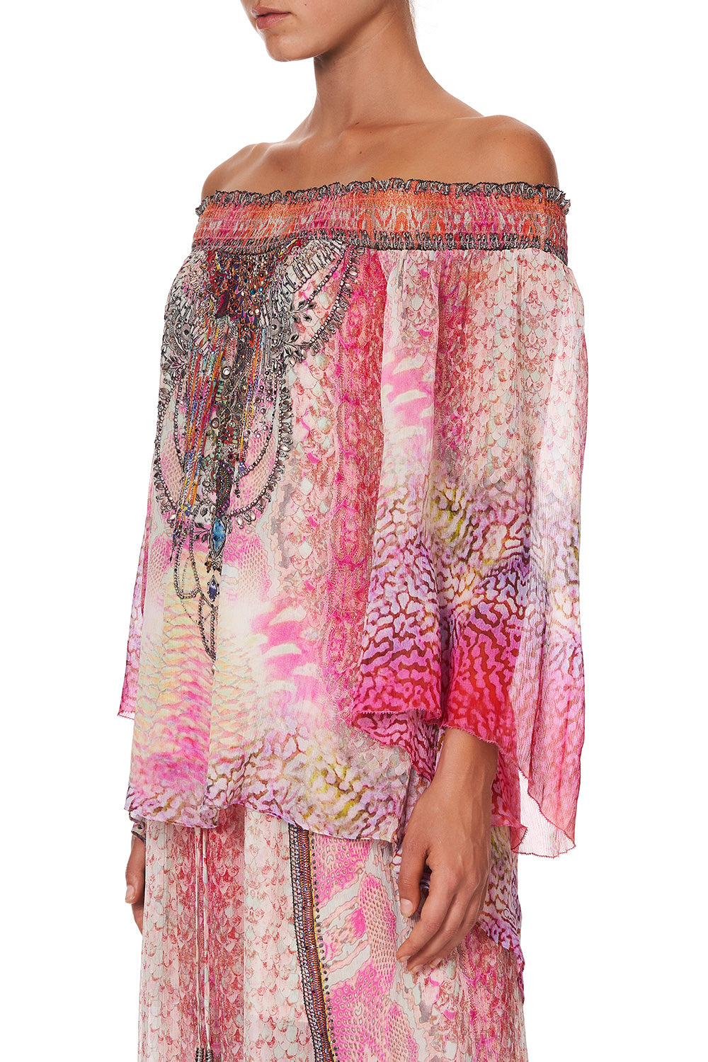 OFF SHOULDER SHIRRED BLOUSE SERPENTINE DREAMS