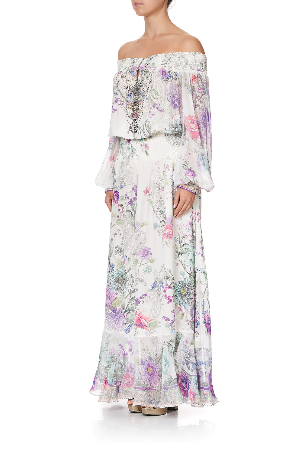 OFF SHOULDER SHIRRED DRESS FOREVER FAR