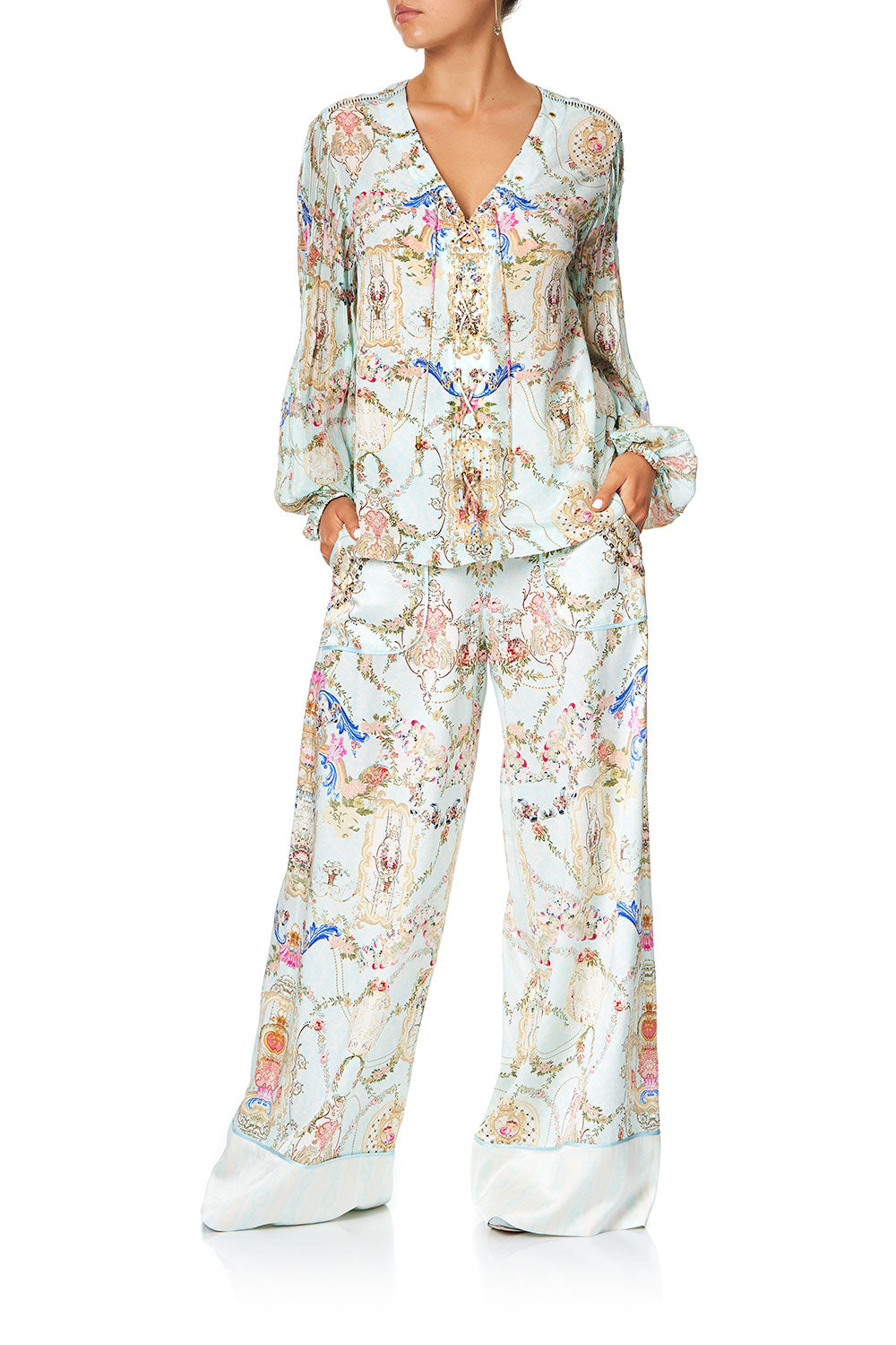 CAMILLA PEASANT BLOUSE WITH FRONT VERSAILLES SKY