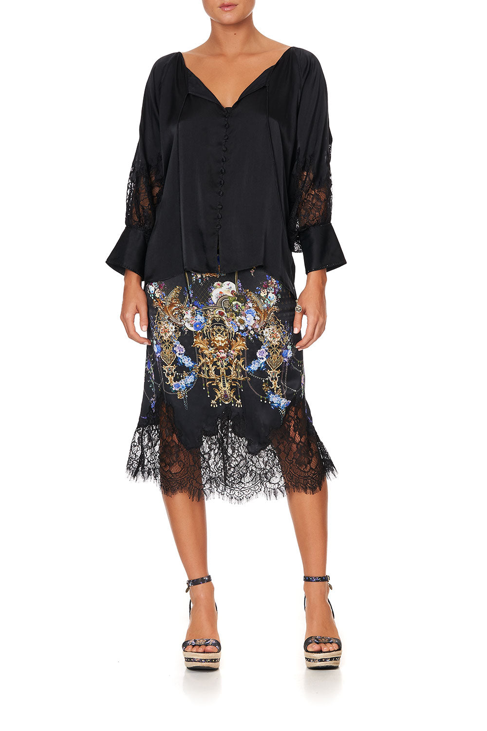 RAGLAN SLEEVE BUTTON UP TOP SOLID BLACK