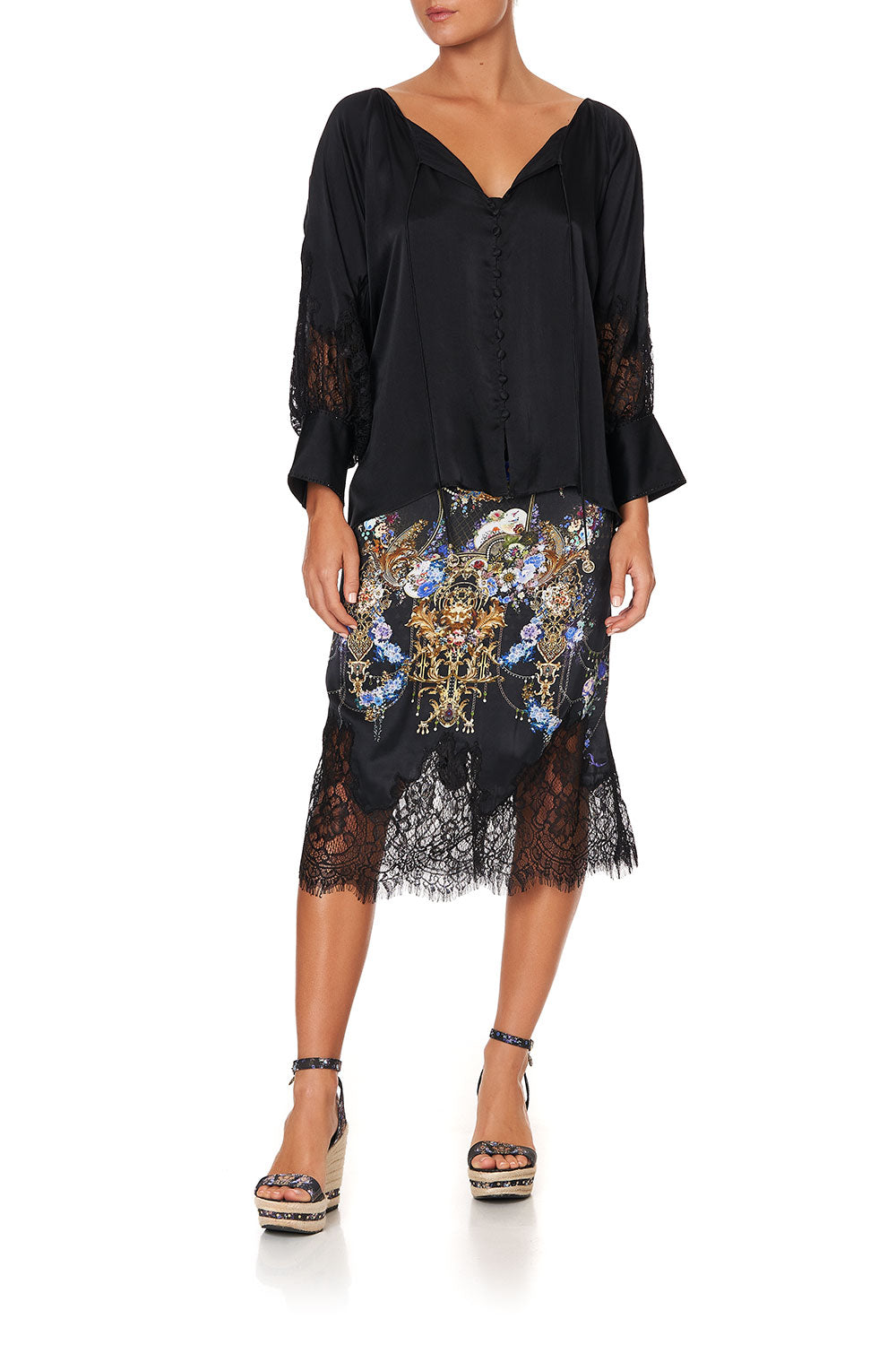 RAGLAN SLEEVE BUTTON UP TOP SOLID BLACK