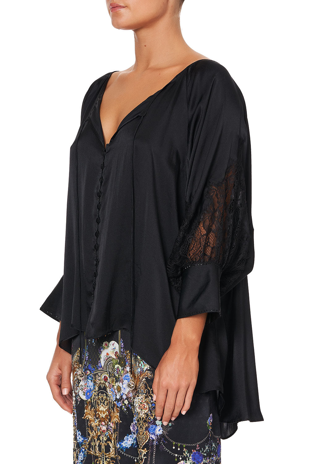 RAGLAN SLEEVE BUTTON UP TOP SOLID BLACK