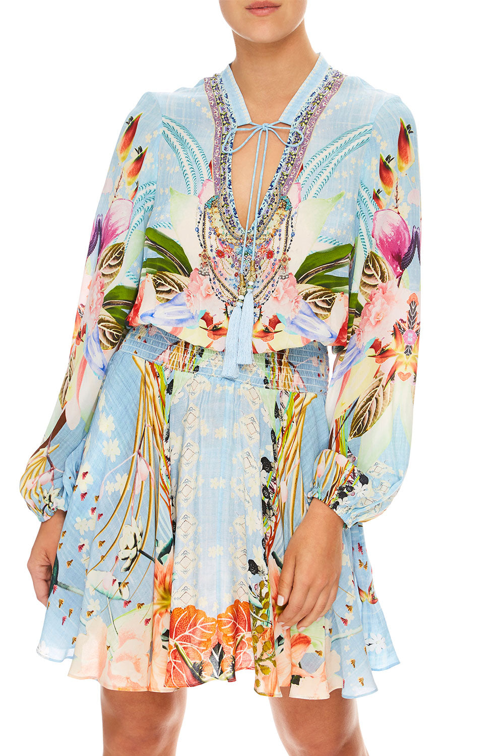 CAMILLA THE STILL ABYSS SHIRRED RELAXED SHORT DRESS