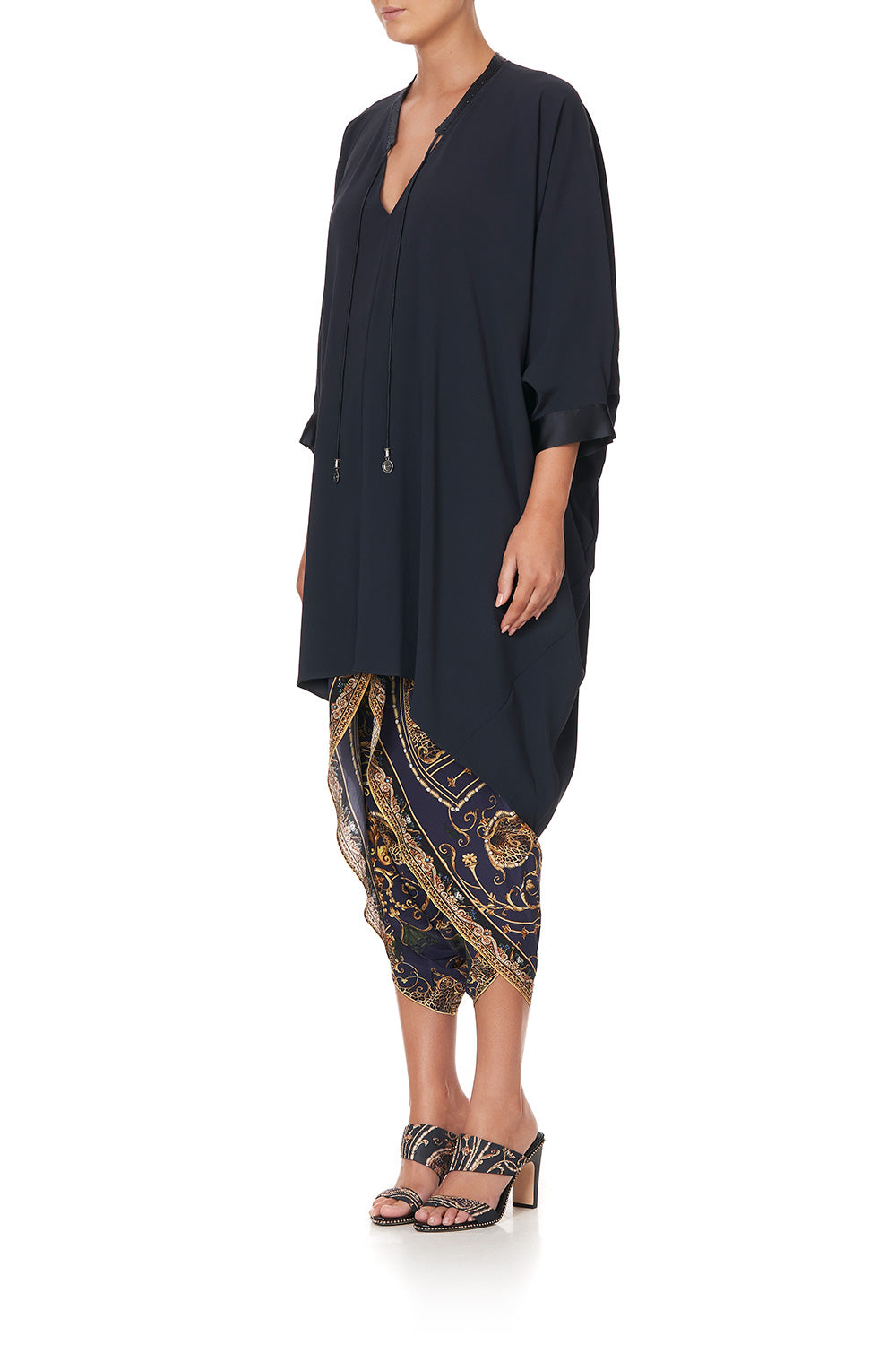 V-NECK DRESS WITH DRAPED BACK SOLID NAVY