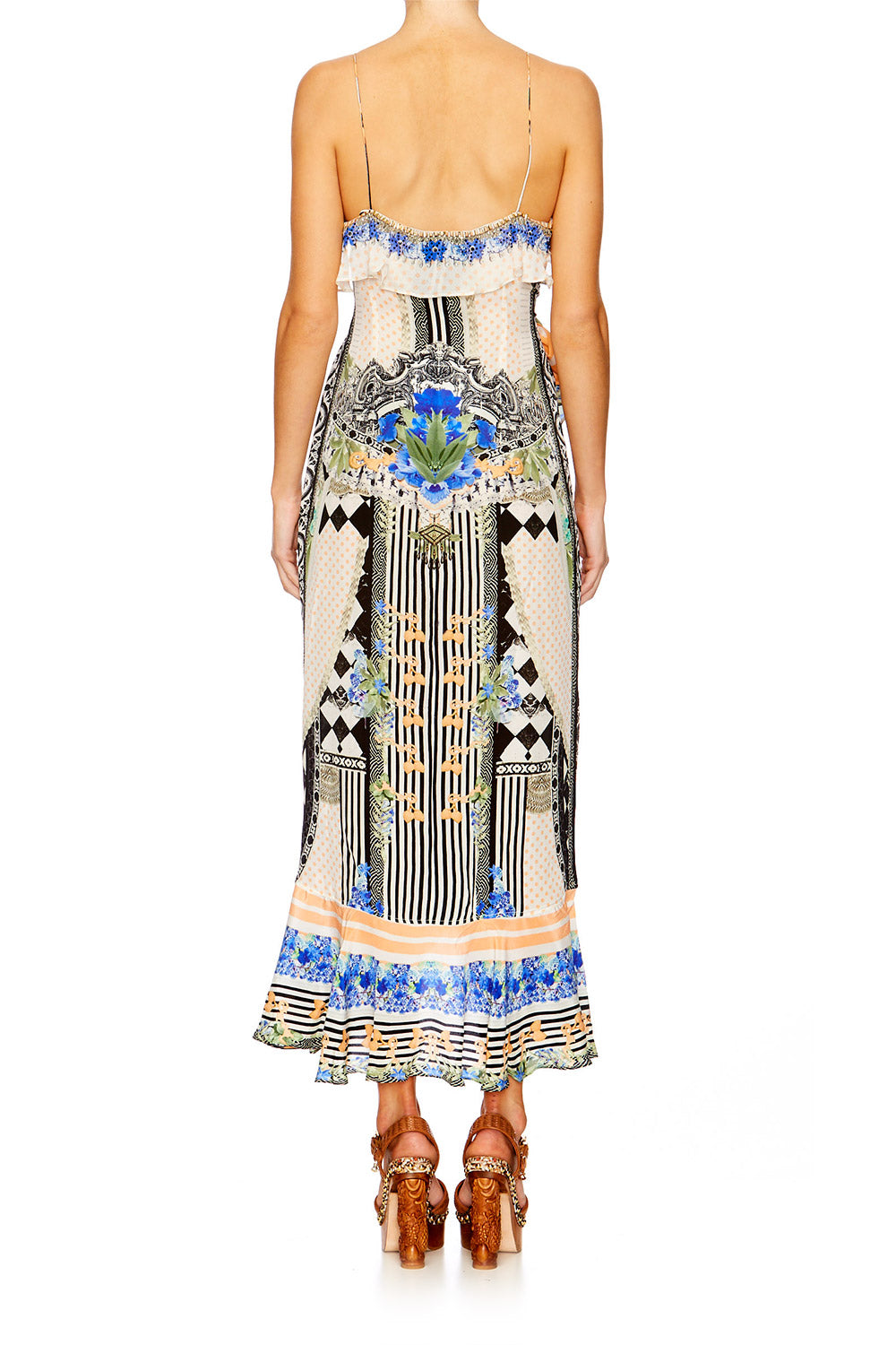 SALVADOR SECRETS LONG WRAP DRESS W FRILL